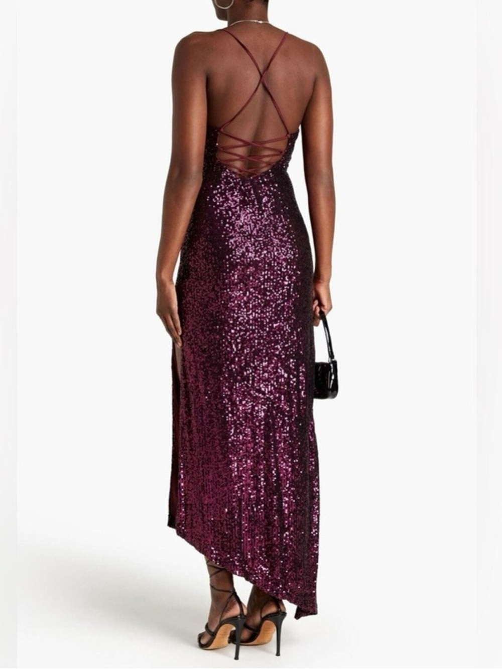 RETROFETE Currant-Violet Sequin Asymmetrical Tie-Back Gown Maxi Dress NWT $960 - Picture 3 of 7